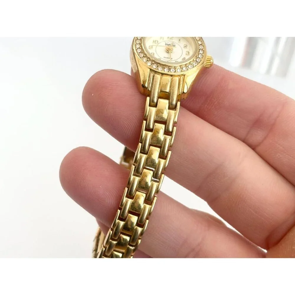 Vanity Fair Rhinestone Framed Gold T Stretch Vintage Wristwatch - 19mm - WORKS!